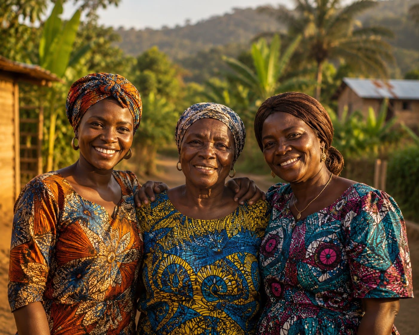 Trois femmes de Mengong, de générations différentes, réunies dans leur village